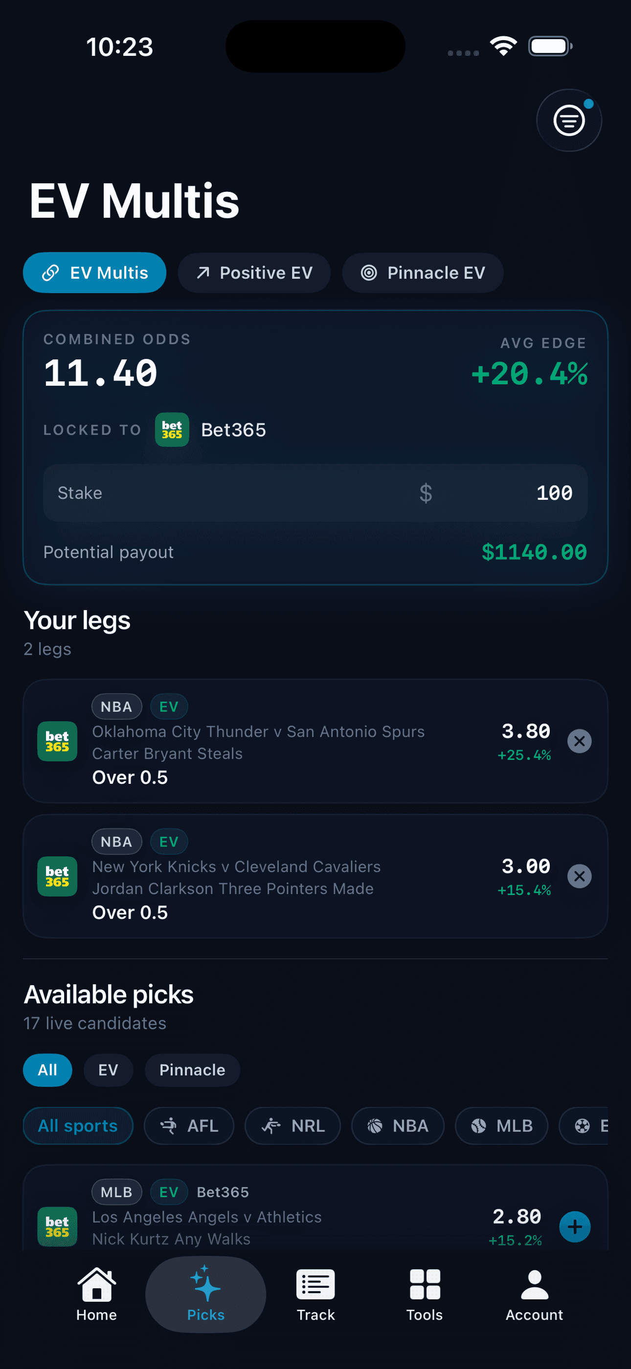 BetBank iOS app — Picks tab showing an EV multi with +20.4% average edge